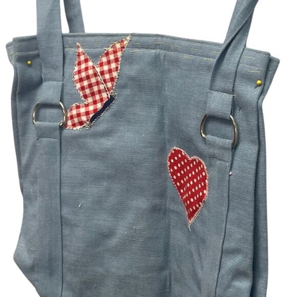 Vintage Cottage Core Denim Patchwork Heart Double Handle Mini Tote Bag - Picture 2 of 3